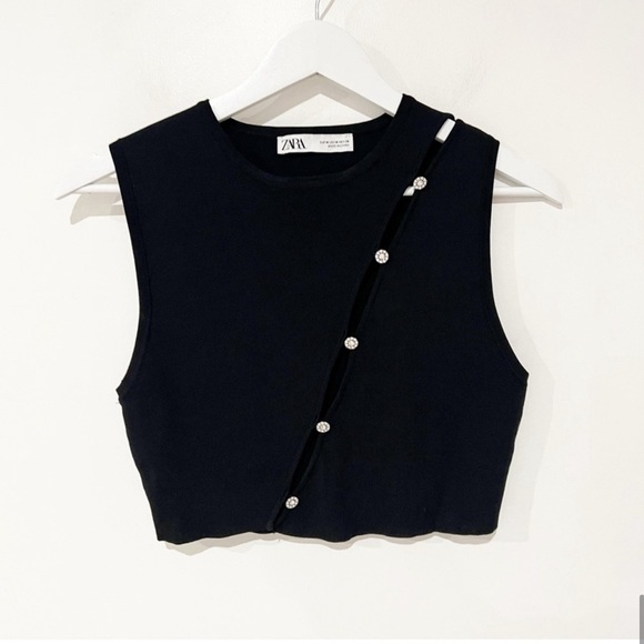 ZARA Knit Top with Jewel Rhinestone Diagonal Asymmetrical Button Knit Sweater - Picture 4 of 5